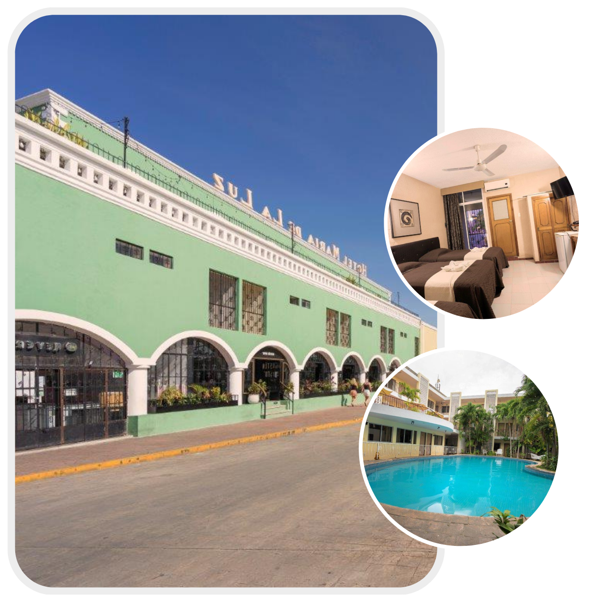Fachada y habitaciones del hotel